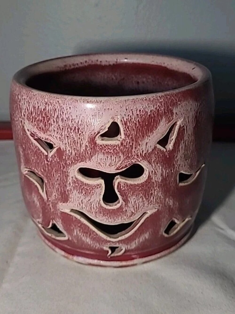 Handmade Aztec Sun Votive Candle Holder - Vintage Pottery Red Pink Glaze 4 Inch